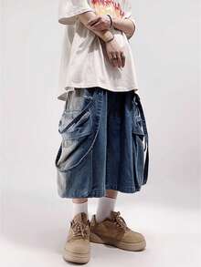 1 件男士休闲宽松中长款水洗复古美式嘻哈设计牛仔短裤，emo 风格