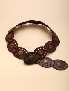 Cuiwrgrs 1pc Brown Copper-Tone Bead Embellished PU Round Buckle Elliptical Metal Belt, Fashion Bohemian Style, Suitable For Daily Wear Summer, School Fall, Autumn, Halloween