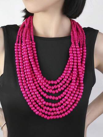 1 件多层串珠木珠项链，复古波西米亚风格，女士时尚项链，鸡尾酒会，（略有瑕疵）