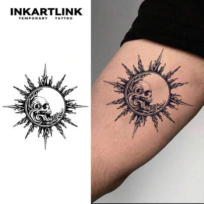  INKARTLINK, Tattoo Stickers, Sun Skull Temporary Tattoos, Waterproof Long-Lasting 1-2 Weeks, Dark Punk Totem