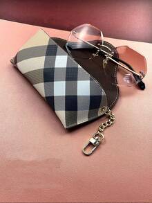 1 件装柔软 PU 皮革格子太阳镜包旅行眼镜架带钩眼镜盒便携式超薄太阳镜袋女士日常使用