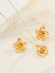 5/3/1 套装金属 3D 花朵项链耳环套装，夸张花朵手链鼻环身体链首饰套装，适合女性、日常/派对/节日的礼物 - 款式1 - 查看 13