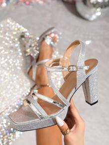 Women's High Heel Sandals With Lace-Up Multi-Strap, Square Toe, Sexy Open Back, Thick Platform Wedge, Water-Resistant, Comfortable Silver High Heels, Elegant & Stylish, Suitable For Parties, Banquets, Vacations, Fashion Versatile