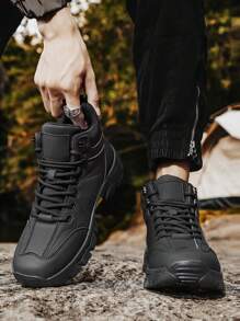男士徒步鞋户外运动探险厚防滑橡胶底工作安全靴，优质皮革鞋面系带圆头高帮户外鞋，防水舒适柔软内衬贴合脚型，轻便工作靴