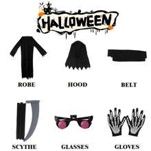 LOVE PARTY Halloween Horror Red Eye Grim Reaper Costume, Sickle Ghoul Dark Messenger Ghost Cosplay Outfit Set