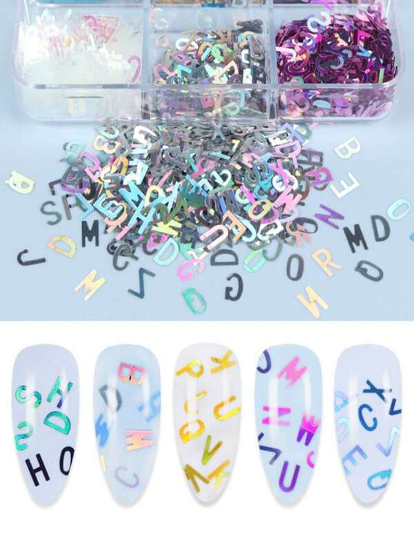 6-Grid Nail Art With 26 Holographic Letter Shaped Sequins, Suitable For Decorative Accessories Such As Fill In The Blanks