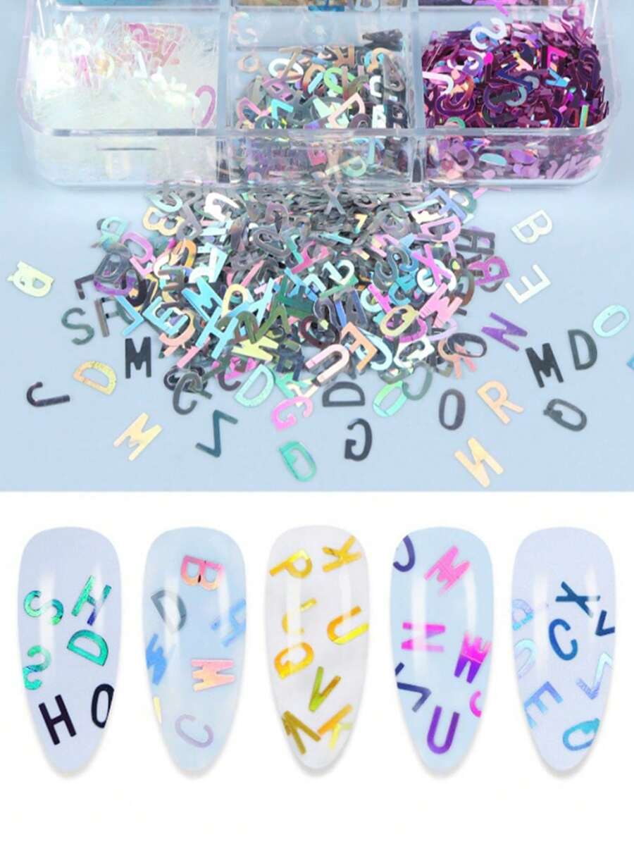 6-Grid Nail Art With 26 Holographic Letter Shaped Sequins, Suitable For Decorative Accessories Such As Fill In The Blanks Nail Supplies Nails Nail Charms Nail Gems