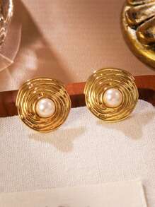1 Pair Vintage Style Stainless Steel Stud Earrings Decorated With White Plastic Inlays, Suitable For Women To Wear To Formal Occasions Or As Gifts For Friends