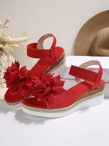 加大码女式舒适简约圆头莲花装饰厚底坡跟凉鞋，休闲时尚户外度假沙滩鞋，夏季 - 紅色 - 查看 6