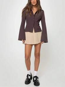 复古性感可爱束身长袖纽扣条纹棕色美丽复古时尚休闲优雅衬衫上衣，适合女士，春夏假日/情人节 - 棕色 - 查看 5