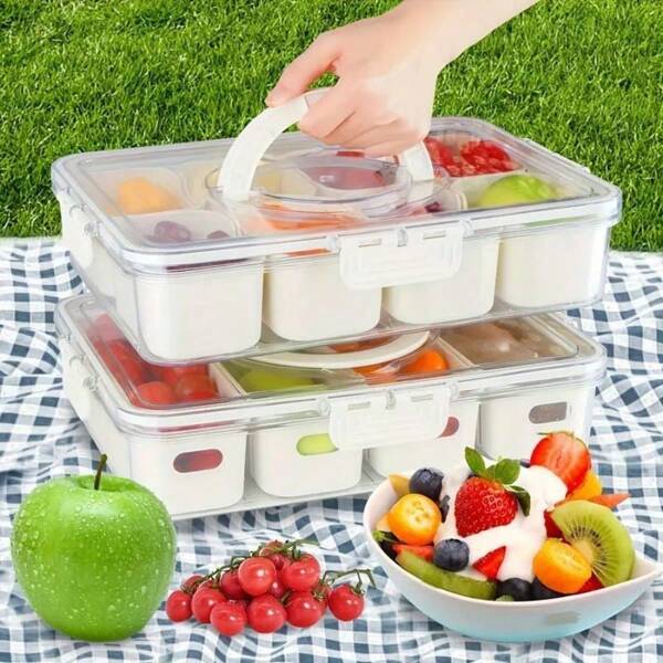 Divided Serv'g Tray With Lid And Handle, Reusable Plastic Veggie Tray 4/8 Compartments Multipurpose Party Plater, Food Storage Container, Clip-On Closure, Hand Wash Only, Portable Snack Organizer For BB0, Picnic, Candy, Fruits, Nut