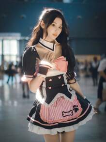 1 Stück süßes Kawaii Doppelreiher-Kleid mit Katzenpfoten-Schürze, rosa Schleife, ohne Katzenohren-Stirnband, japanisches Maid-Kostüm für Cosplay, Partys, Fotoshootings, Halloween
