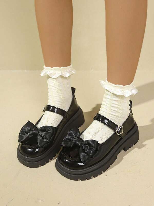 Minimalist Stylish Thick-Sole Mary Jane Shoes, Women Gothic Lolita Platform Pumps With Bow Decor, Round Toe Ankle Strap Comfortable Casual Dress Pumps, Suitable For Date, Skirts, Romantic/Cute Styles, Soft Bottom Formal Oxfords, Punk/Rock Vibe Modern Small Leather Shoes Christmas Gifts