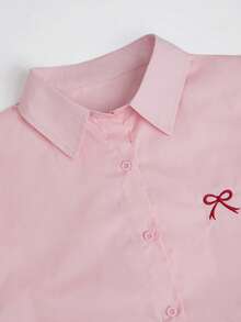 Women's Solid Color Minimalist Embroidered Bow Decor Long Sleeve Shirt Spring - Bow Pink - View 5