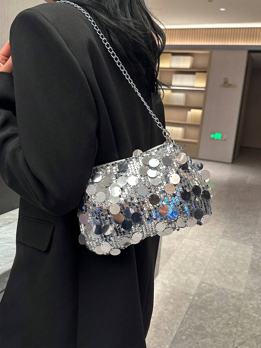 1pc Sequin Chain Strap Underarm Shoulder Bag, Personalized Texture Simple Chic Clutch Purse, Versatile For Evening - Bright silver - View 1