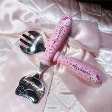 2pcs Stainless Steel Cute Hello Kitty Spoon Fork Cutlery Students Learning Fork Set Eating Supplement Cartoon, School Supplies