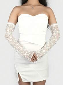 1 Paar Frauen Ganzarm Handschuhe mit vollständigem Strass, neue Vintage Stil Mesh Spitzen lange Braut Hochzeitskleid Handschuhe, schwarz