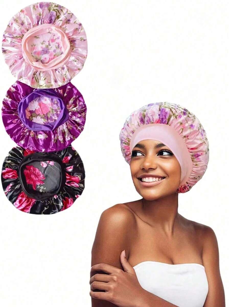 3 件套女士多色花朵弹性宽带无檐帽头带，丝绸帽缎面睡帽 - 彩色 - 查看 1