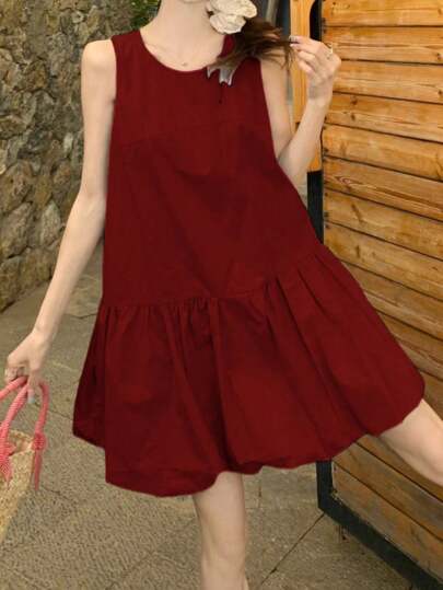 春夏休闲宽松迷你酒红色背心连衣裙，优雅别致韩版无袖圆领复古红色派对短裙，可爱毕业季服装，外出海滩度假连衣裙，A字简约纯色女装，时尚新款假日女式中长连衣裙，圆领连衣裙，波西米亚风连衣裙