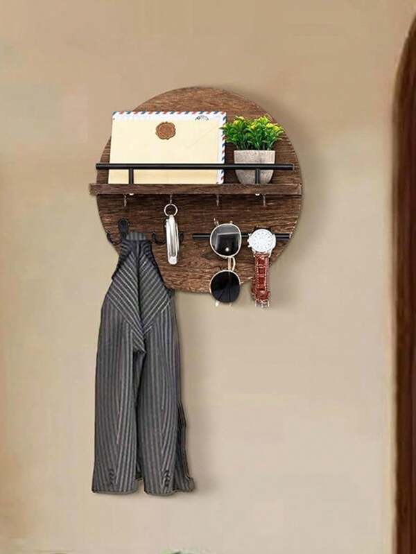 Wooden Key Holder With Shelf & Hook, Round Wall-Mounted Mail Organizer, Entryway Key Rack With Fashion Glasses Stand, Boho Style Home Decor
