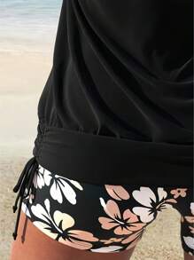 2pcs Fashionable Women Swimsuit Set, Full Cup Adjustable Spaghetti Strap Exposed Shoulder & Back, Printed Swim Shorts, Elegant Sexy, Hawaii Holiday Style, Summer Beach Vacation