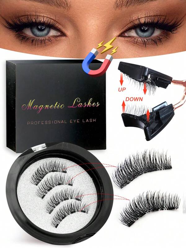 Waloshow 1 par de delineador magnético de ojos en estilo CC y pestañas magnéticas - Pestañas postizas reutilizables de aspecto natural de 8-12 mm de largo de pelo de marta falso para uso diario, a prueba de agua, sin pegamento, de estilo punta puntiaguda mezclada que alarga y amplía los ojos, de uso diario fluido y delgado, artículos esenciales para viajes