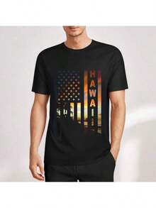 Hawaii Sunset Flag Honolulu Hawaiian Island T-Shirt Mens T-Shirts Black T Shirt Men Unisex Soft Fabric, Breathable, Comfortable Short Sleeve T-Shirts Perfect For Summer - 夏威夷日落 - 查看 1