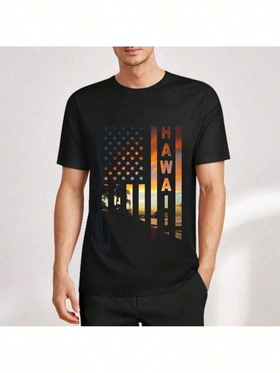 Hawaii Sunset Flag Honolulu Hawaiian Island T-Shirt Mens T-Shirts Black T Shirt Men Unisex Soft Fabric, Breathable, Comfortable Short Sleeve T-Shirts Perfect For Summer - 夏威夷日落 - 查看 1