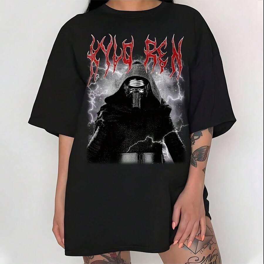 Camiseta de algodón grueso de 220 g con estampado de mariposa, adecuada para niñas y mujeres, de cuello redondo inspirador de estilo Y2K, estética linda, adecuada para uso al aire libre, familiar, trabajo o vestimenta casual diaria de estilo suelto - Negro - Ver 1