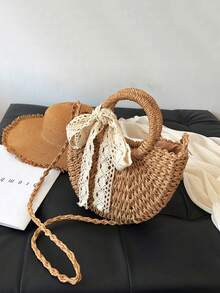 1 Peça Bolsa de Palha Trançada de Cor Sólida, Estilo Boêmio da Moda, Decorada com Fitas, Alças Redondas, Bolsa Feminina para Praia, Adequada para Viagens e Férias Casuais, Pode Ser Facilmente Combinada com Looks Simples, Também Adequada para Lazer e Compras ao Ar Livre, Ideal para Férias na Praia, e um Item Essencial para Férias. - Caqui - Visão 14