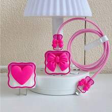 5 件 Apple 20W 充电器保护器和 18W 线缆保护器、3D 心形和蝴蝶结装饰、粉色充电器配件、手机配件 - 玫紅色 - 查看 4