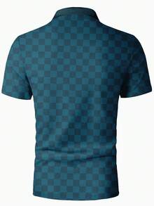 Camisa polo deportiva de manga corta con estampado de cuadros para hombres, adecuada para el trabajo diario, el trayecto y actividades al aire libre/vacaciones - Azul - Ver 2