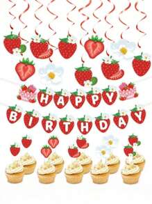 Strawberry Theme Summer Fruit Birthday Party Decoration Set Swirl Hanging Tags Cake Toppers Flag Banner Perfect For Celebrations And Festive Events Ideal Birthday Party Decoration Set
