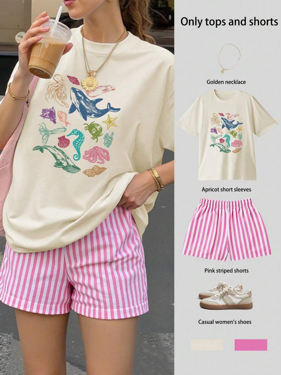 Bộ đồ nữ in hình sinh vật biển, tay ngắn dáng rộng và quần short kẻ sọc, trang phục hè thường ngày 2 mảnh, bộ đồ nữ, set đồ hè nữ, trang phục đi nghỉ mát, trang phục du lịch, phong cách bãi biển, trang phục nghỉ dưỡng tối giản. - Nhiều màu - Xem 1