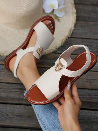 米色露趾凉鞋，豹纹金属装饰镂空设计，系带优雅夏季女士平底凉鞋