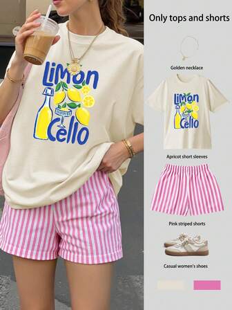 Citron Cello-tryckt damkostym med överdimensionerad kortärmad topp och randiga shorts, sommarkostym för kvinnor, tvådelad kostym för kvinnor, avslappnad tvådelad kostym för havet, kinesiskt nyår, kinesiskt nyår, hästens år, vårfestival, gott nytt år, alla hjärtans dag, alla hjärtans dag-present, alla hjärtans dag-present till henne, alla hjärtans dag-present