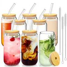 1pc/2pcs Glass Cup With Bamboo Lid & Straw, Straw Brush, 16 Oz Bottle Shaped Glass Cup, Iced Coffee Cup, Adorable Tumbler, Suitable For Beverages, Juice, Bubble Tea, Party And Holiday Gifts