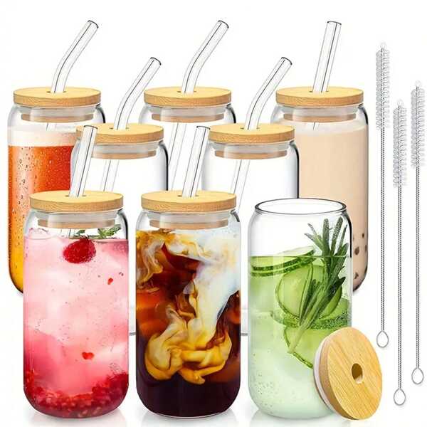 1pc/2pcs Glass Cup With Bamboo Lid & Straw, Straw Brush, 16 Oz Bottle Shaped Glass Cup, Iced Coffee Cup, Adorable Tumbler, Suitable For Beverages, Juice, Bubble Tea, Party And Holiday Gifts