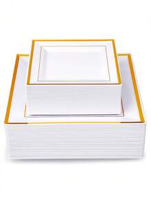 25 件 6.7 英寸/9.5 英寸黑白方形餐盘，高档优雅的餐盘，适用于盛放水果、沙拉和餐桌装饰，可重复使用且易于清洁。非常适合婚礼、生日派对和家庭聚会