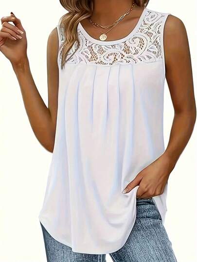 Top sin mangas de mujer con ribete de encaje - Diseño de busto fruncido informal de verano, tela de punto de poliéster azul claro, top informal de verano con construcción de punto y ribete de encaje