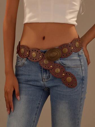 Cuiwrgrs 1pc Brown Copper-Tone Bead Embellished PU Round Buckle Elliptical Metal Belt, Fashion Bohemian Style, Suitable For Daily Wear Summer, School Fall, Autumn, Halloween