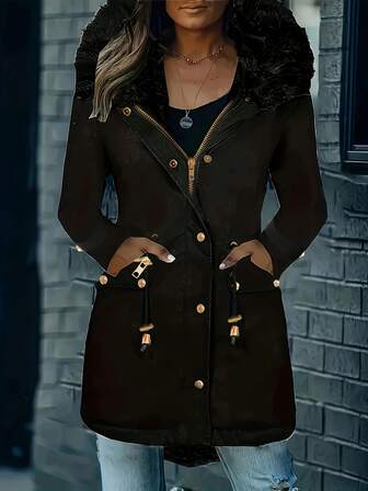 大码女式冬季人造毛皮装饰连帽拉链派克大衣，厚实保暖长袖夹克，带口袋，适合日常外出，黑色