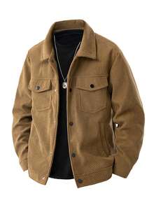 Men's Solid Color Shacket, Corduroy Collar, Casual Bomber Jacket For Autumn - Coffee Brown - View 2
