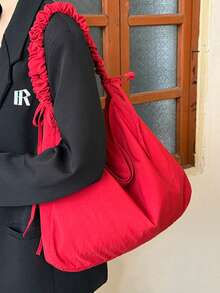 褶皱云腋下包，韩版百搭单肩包，斜挎包，大号尼龙托特包，饺子包，月牙包 - 紅色 - 查看 3