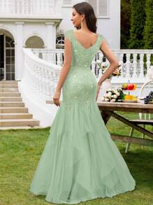 MIUSOL Vestido de fiesta con cuello en V profundo, mangas de tapón, encaje con lentejuelas, contraste de malla y dobladillo escalonado, vestido de fiesta elegante para mujer, vestido de noche formal, vestido de graduación, para invitados de boda, cena