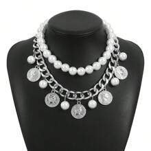 Vintage Portrait Coin Pendant With Tassel & Double-Layer Faux Pearl Necklace, Design