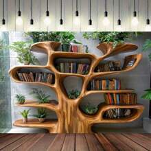 1 pieza Estantería en forma de árbol 2D con plantas verdes y luces de hilo - Rústico otoñal, perfecto para rincones de lectura acogedores, fondos de fiesta y accesorios de fotografía, disponible en varios tamaños, decoración de libros