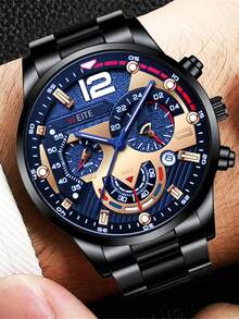 两件套新款男士商务休闲圆形石英表组合套装，情人节、新年、生日、圣诞节礼物，送给亲朋好友 - 黑色 - 查看 2