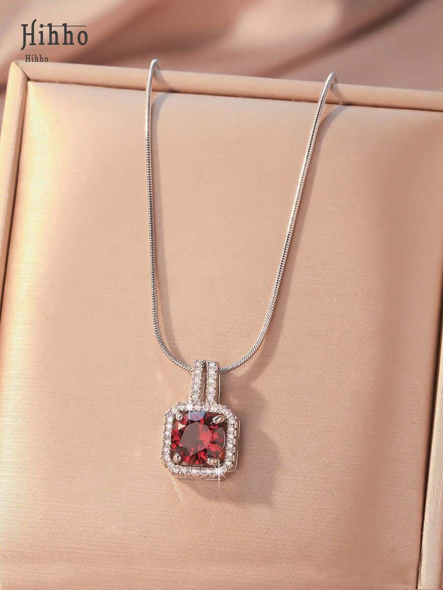 Hihho 1pc Elegant Classic Red Zirconia Necklace For Women, Luxury High-End Snake Bone Chain Pendant Necklace - Silver - View 1