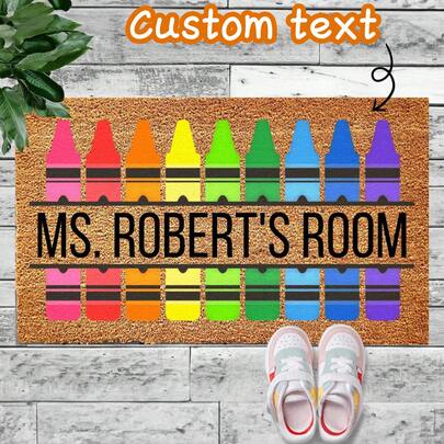 1pc Customized Classroom Doormat, Personalized Teacher Crayon Welcome Mat, Customizable Text, Rainbow Color, Suitable For Classroom Decor, Applicable For Kindergarten, Elementary School And Back To School Season
